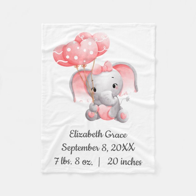 Baby Girl Pink Elephant Balloons Birth Stats Baby  Fleece Blanket (Front)