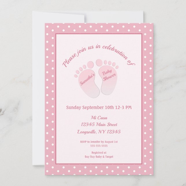 Baby Girl Pink Feet Polka Dot Baby Shower Invitation (Front)