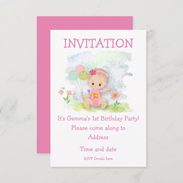 Baby Girl Pink First Birthday Party Invitation (Front/Back)