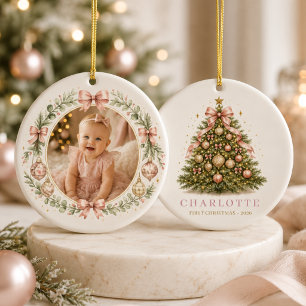 Baby Girl Pink First Christmas Bow Photo Ceramic Tree Decoration