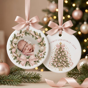 Baby Girl Pink First Christmas Bow Photo Ceramic Tree Decoration