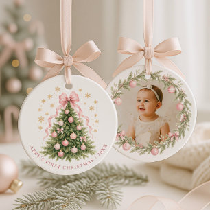 Baby Girl Pink First Christmas Photo Ceramic Tree Decoration