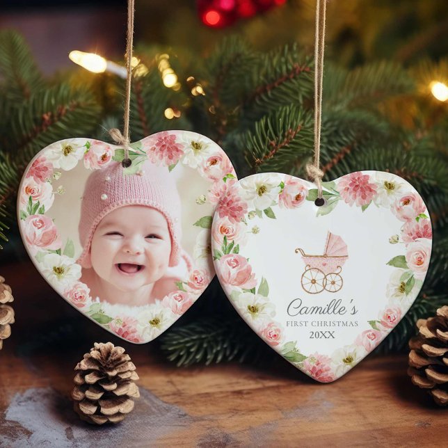 Baby Girl Pink Floral First Christmas Photo Ceramic Tree Decoration (Baby Girl First Christmas Photo Ornament)