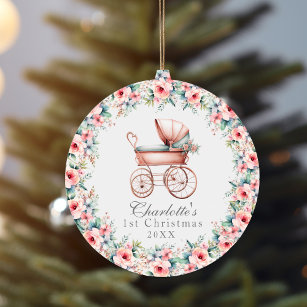 Baby Girl Pink Floral First Christmas Stroller Ceramic Tree Decoration