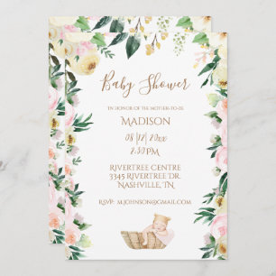 Baby Girl Pink Floral Script Elegant Baby Shower Invitation