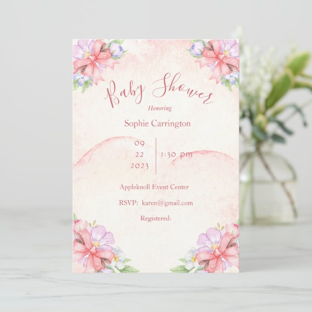 Baby Girl Pink Floral Watercolor Baby Shower Invitation (Standing Front)