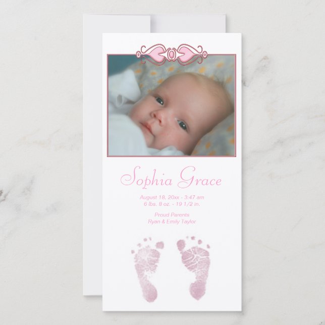 Baby Girl Pink Footprints Birth Announcement (Front)