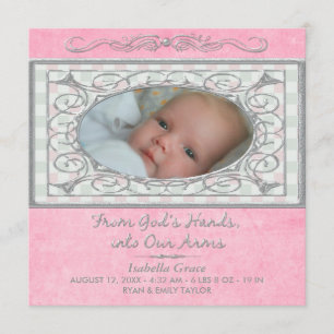 Baby Girl Pink Gingham Christian Photo Birth Announcement