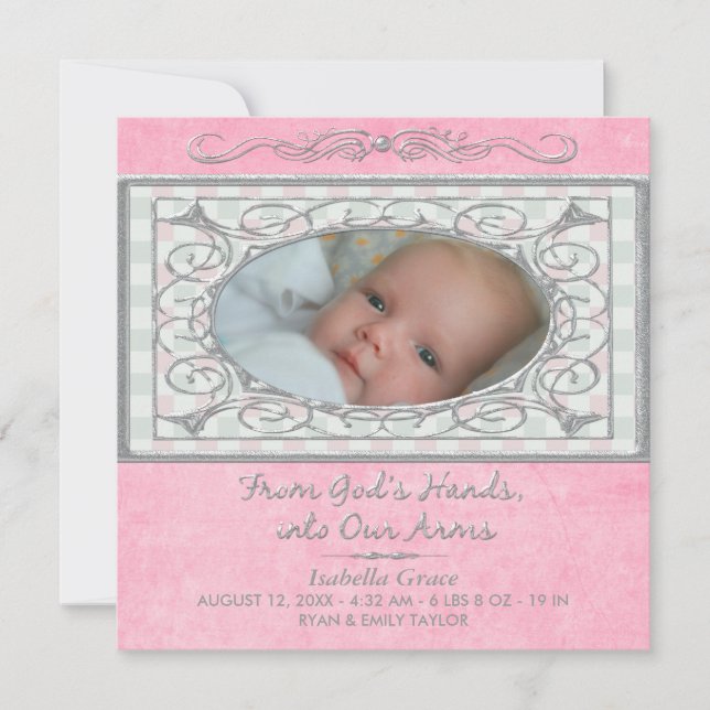 Baby Girl Pink Gingham Christian Photo Birth Announcement (Front)