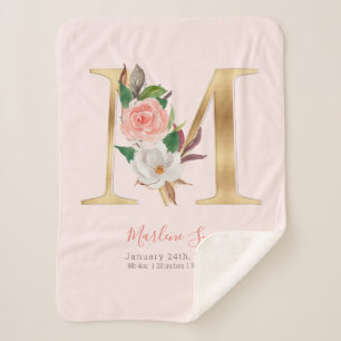Baby Girl pink & gold birth stats - Letter M - Sherpa Blanket