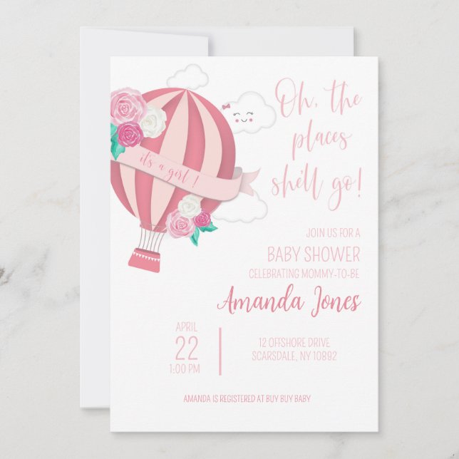 Baby Girl Pink Hot Air Balloon Shower Invitation (Front)