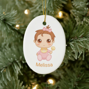 Baby Girl Pink Jumpsuit, Custom Name and Photo Ceramic Tree Decoration