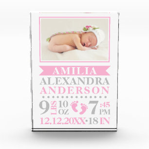 BABY Girl Pink Keepsake Name Birth Date PHOTO Block