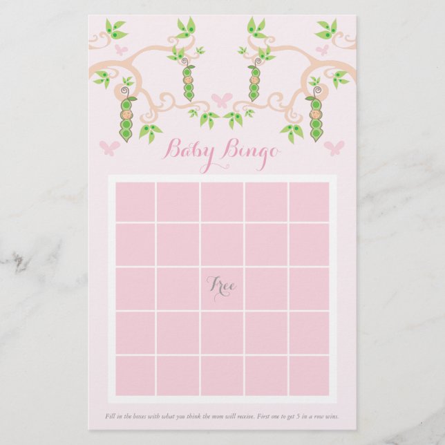 Baby Girl Pink Pea In A Pod Custom Baby Bingo Game Stationery (Front)