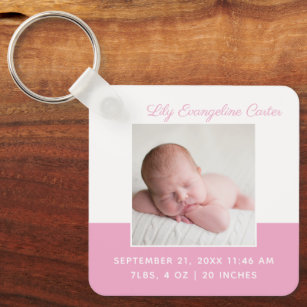 Baby Girl Pink Photo Elegant Birth Stats Keepsake Key Ring