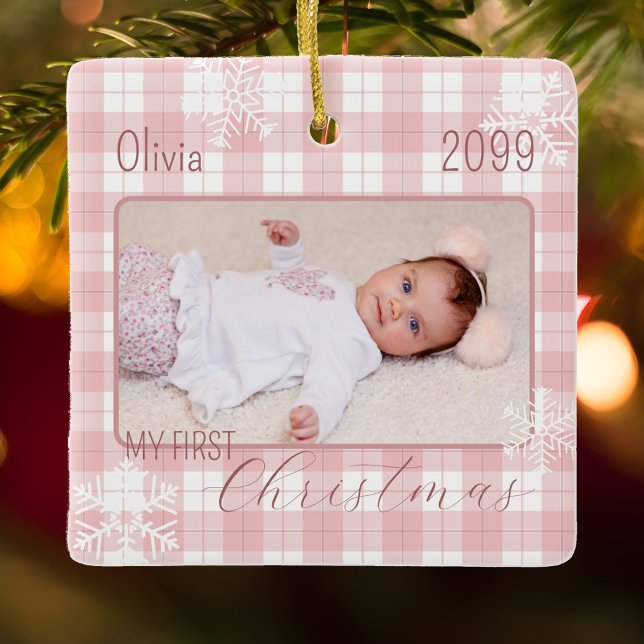 Baby girl pink plaid snowflake first Christmas Ceramic Ornament (Creator Uploaded)