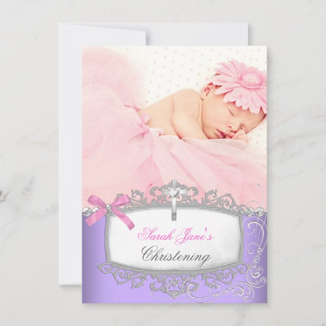 Baby Girl Pink Purple Christening Baptism Cross Announcement (Front)