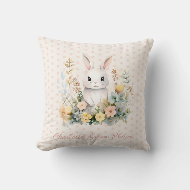Baby Girl Pink Rabbit and Flowers Personalised Cushion (Front)