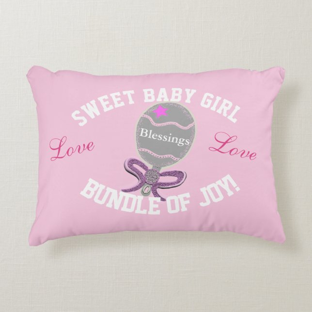 Baby Girl Pink Rattle Birth Stats Decorative Cushion (Front)