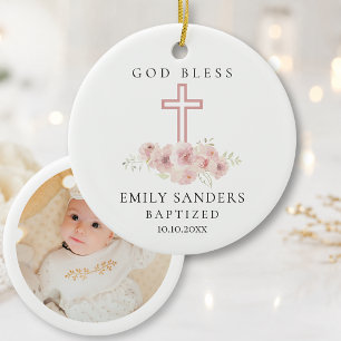 Baby Girl Pink Roses & Photo Baptism Keepsake Ceramic Tree Decoration