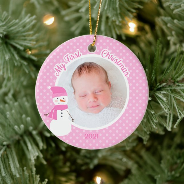 Baby Girl Pink Snowman First Christmas Photo Ceramic Tree Decoration (Tree)