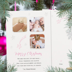 Baby Girl Pink Stars First Christmas Photo Holiday Card