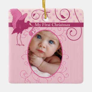 Baby Girl Pink Stork Birth Stats Photo Ceramic Tree Decoration