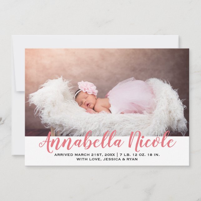 Baby Girl Pink Stripe Photo Birth Announcement (Front)