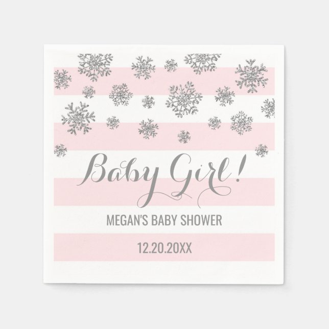 Baby Girl! Pink Stripes Silver Snow Baby Shower Napkin (Front)