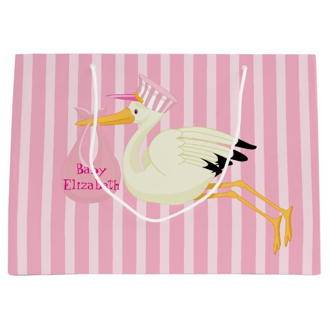 Baby Girl Pink Stripes Stork Large Gift Bag (Front)