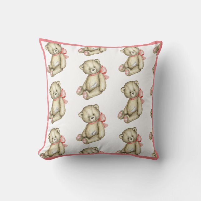 Baby Girl Pink Teddy Bear Watercolor Cushion (Front)