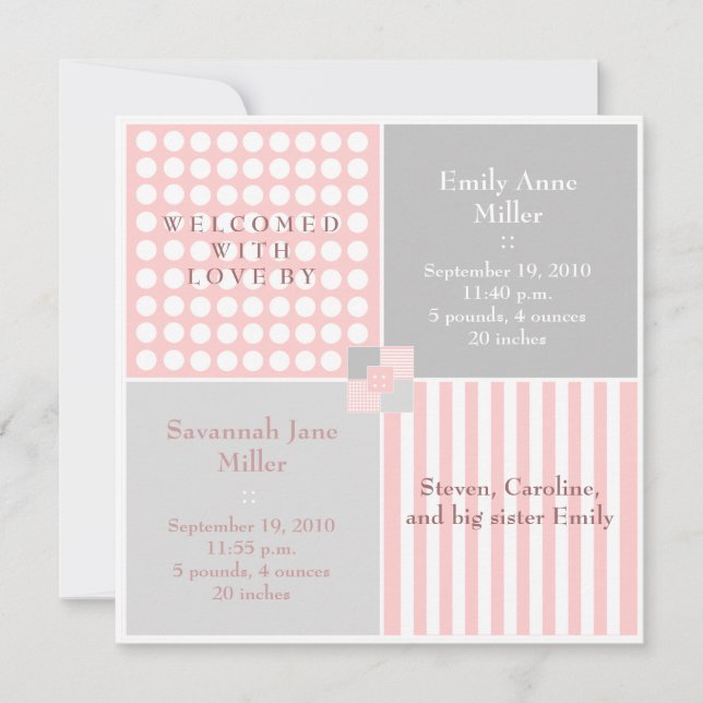 Baby Girl Pink Twin Modern Photo Announcement (Front)