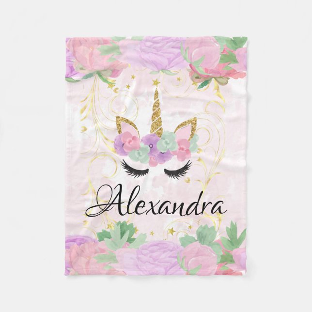 Baby Girl Pink Unicorn Custom Personalised Cute Fleece Blanket (Front)