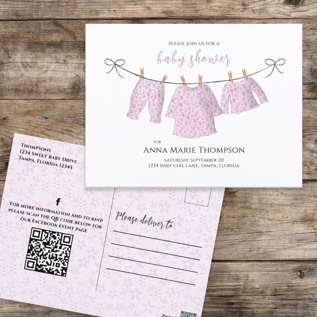 Baby Girl Pink Watercolor Cute Floral Clothesline Postcard (Creator Uploaded)