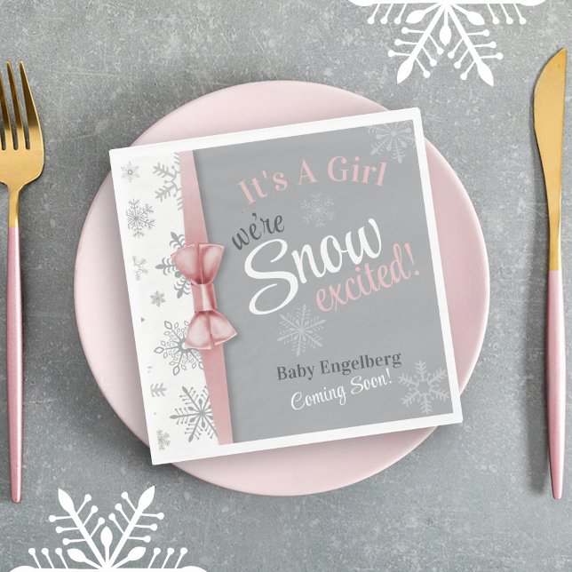 Baby Girl Pink We're Snow Excited Snowflake Shower Napkin (It's A Girl, We're SNOW excited, Baby Name coming soon winter wonderland baby shower luncheon napkin)