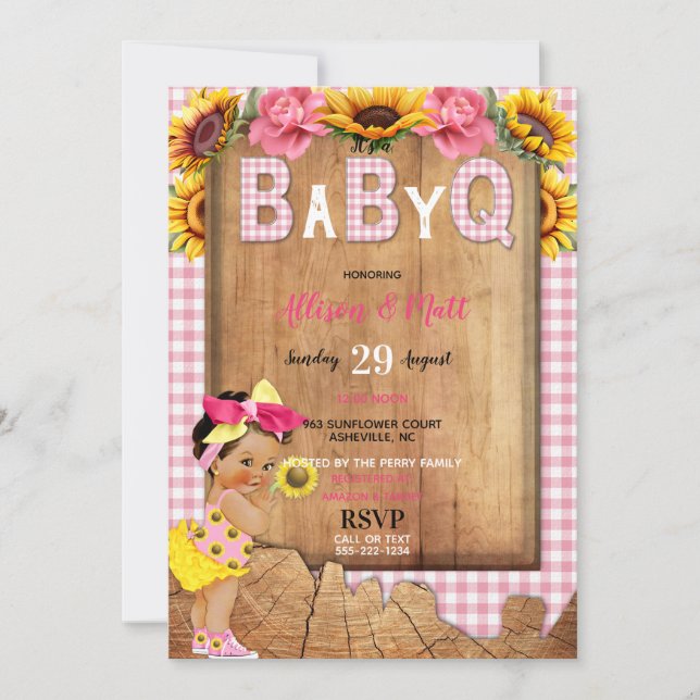 Baby Girl Pink Yellow Sunflower Baby Q Barbecue Invitation (Front)