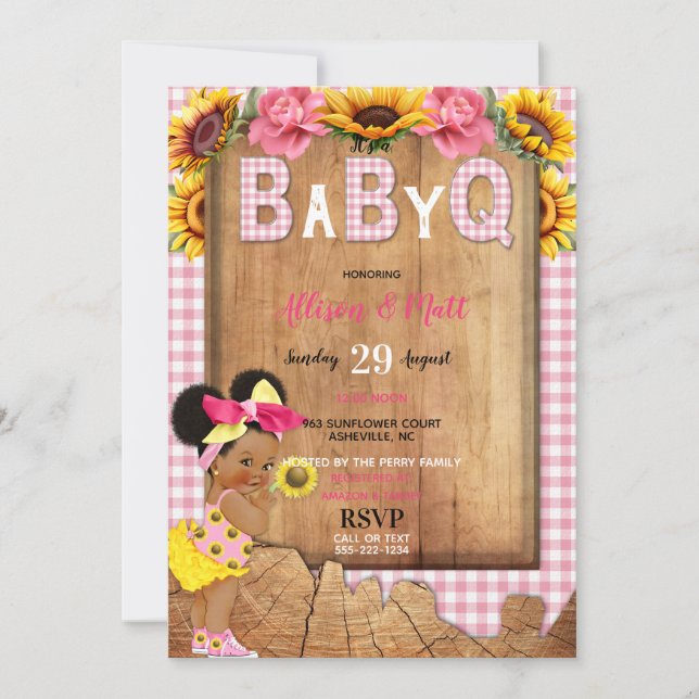 Baby Girl Pink Yellow Sunflower Baby Q Barbecue Invitation (Front)
