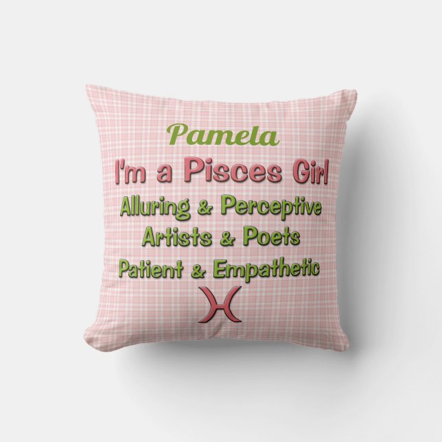 Baby Girl Pisces Zodiac Pink and Green Checks Name Cushion (Front)