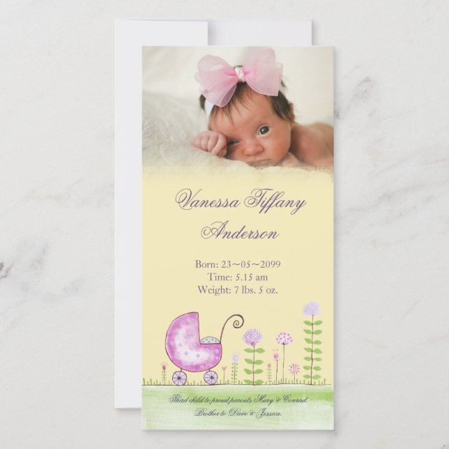 Baby Girl Pram Birth Announcement Photo Card (Front)