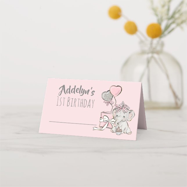 Baby Girl Princess Elephant Pink Grey 1st Birthday Place Card (Front)