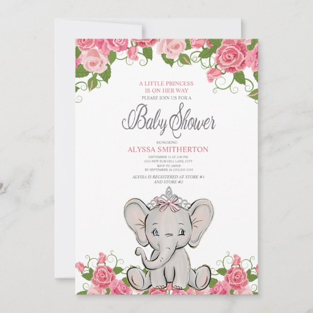 Baby Girl Princess Tiara Elephant Pink Floral Invitation (Front)