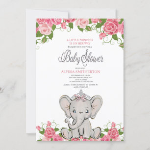 Baby Girl Princess Tiara Elephant Pink Floral Invitation