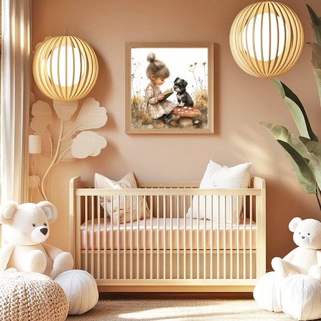 Baby Girl Reading black White Puppy Red Mushroom  Poster (Creator Uploaded)