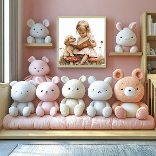 Baby Girl Reading Tan Puppy Red Mushroom Poster