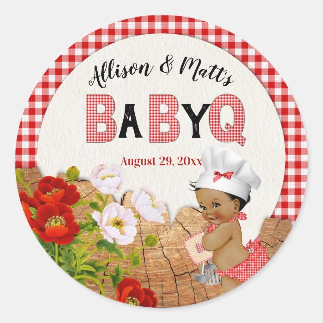 Baby Girl Red Gingham Wood Floral Baby Q BBQ Classic Round Sticker (Front)