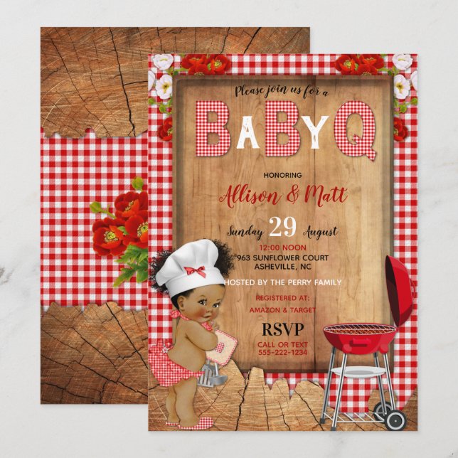 Baby Girl Red Gingham Wood Flowers Baby Q Barbecue Invitation (Front/Back)