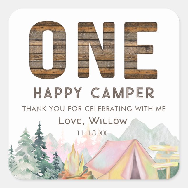 Baby Girl Rustic One Happy Camper Birthday Favours Square Sticker (Front)