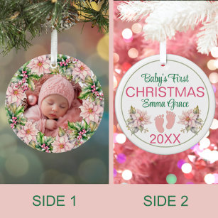 Baby Girl’s First Christmas Photo Pink Poinsettias Ceramic Tree Decoration