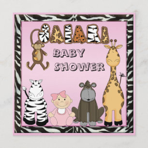 Baby Girl & Safari Animals Baby Shower Invitation