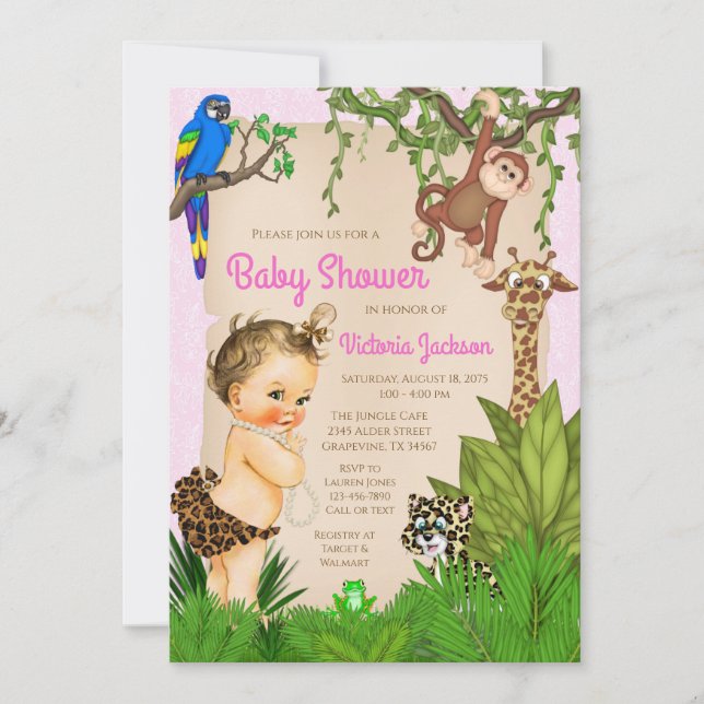 Baby Girl Safari Animals Jungle Baby Shower  Invitation (Front)